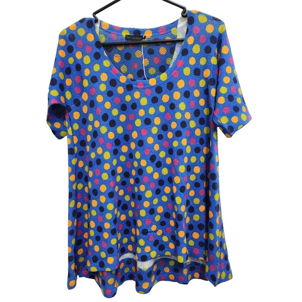 Nally & MIllie Womens Wearable Art Tunic Top Medium Blue Polka Dot Short Sleeve